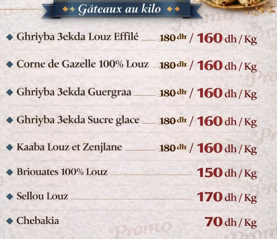 Tarifs Gâteaux au Kilo